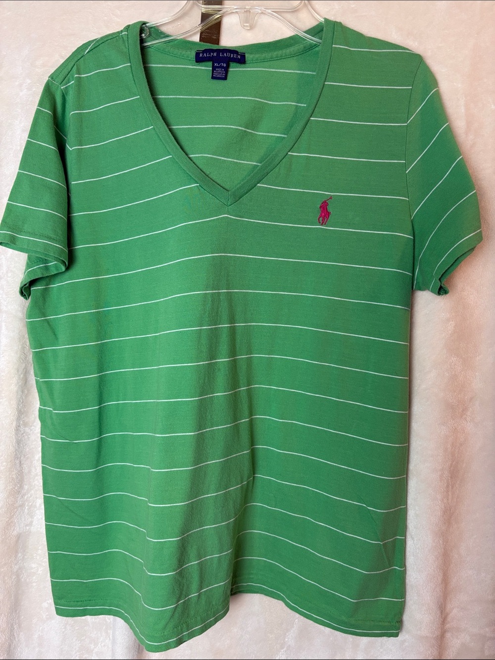 Ralph Lauren Striped short sleeve T Shirt v- neck apple green pink pony XL